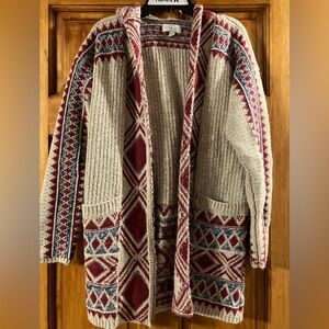 Lucky Brand Women's Cardigan Tribal Aztec Oatmeal, Red and Blue Pockets Hood